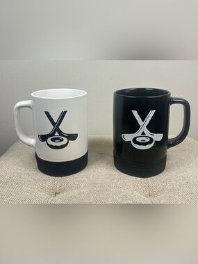 Tim Hortons Hockey Puck Mugs Black & White Hockey Sticks Donut Canada X2 EUC